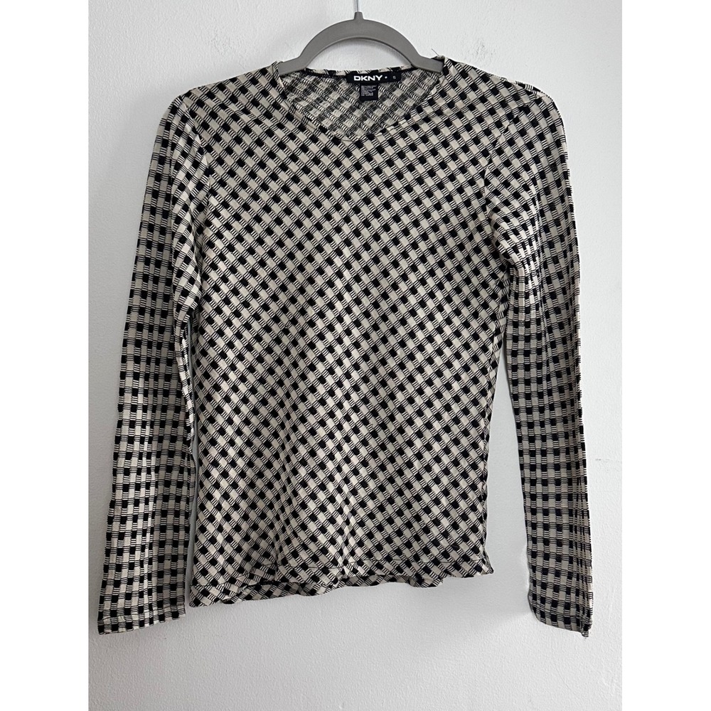 DKNY WMS Sheer Checkered Textured Long Sleeve Top SM Y2K Mod Grunge Indie Sleeze